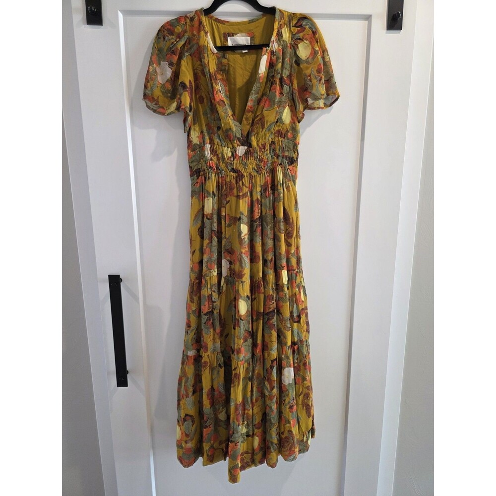 Anthropologie The Somerset Maxi Dress Yellow Floral Smocked Tiered XS